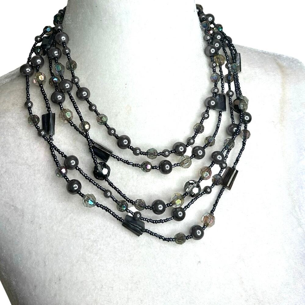 Layered Multistrand Gunmetal Gray Silver Amber Green Iridescent Tones Necklace